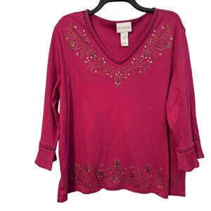 Alfred Dunner Womens  Blouse XL Embellished Fuchsia V-Neck Top 3/4 Sleeve Cotton